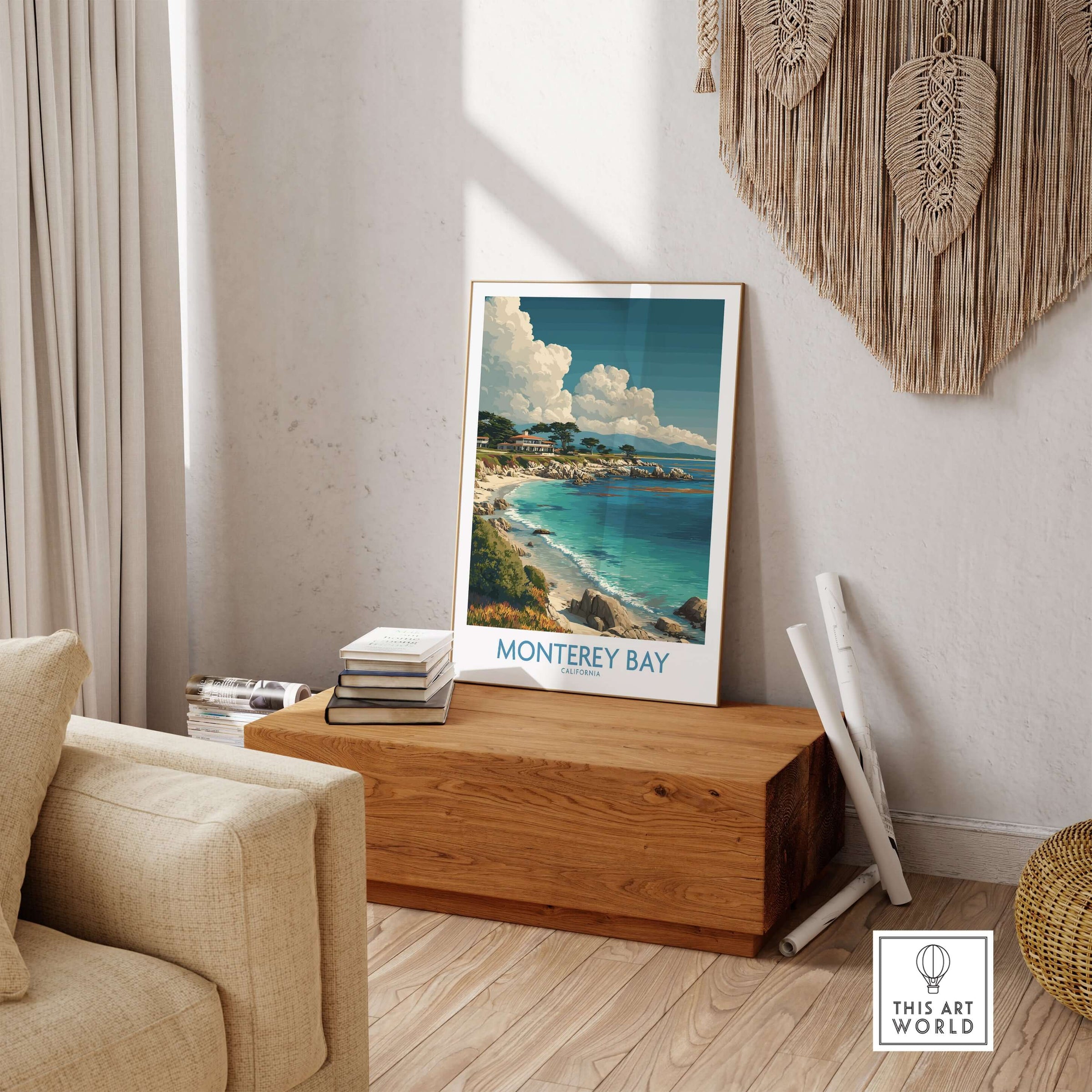 Monterey Bay California Poster - California Travel Print displayed in a cozy living room setting.