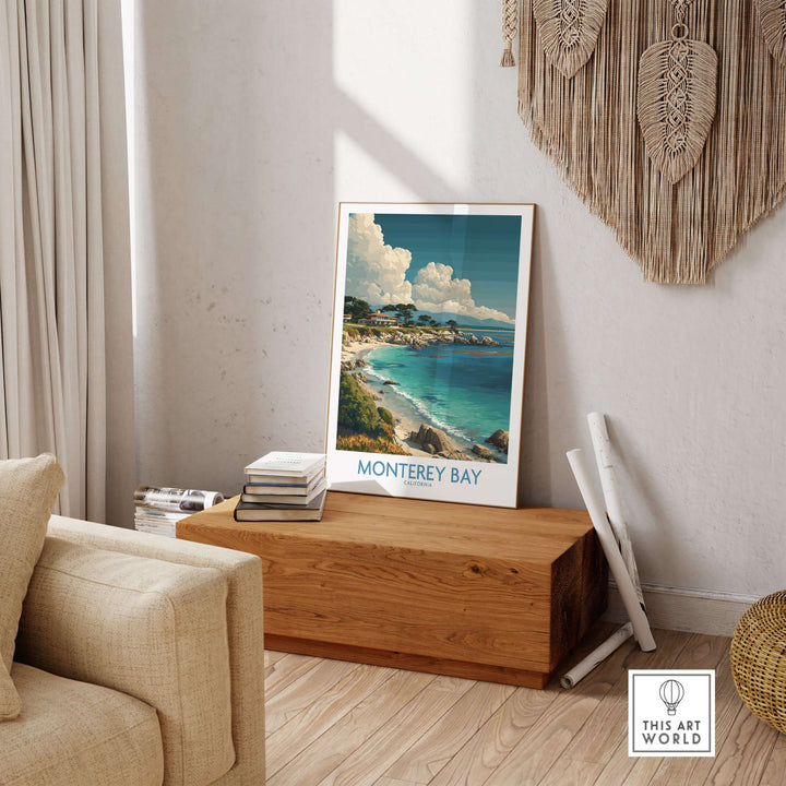 Monterey Bay California travel poster displayed in a stylish living room, highlighting coastal beauty and vibrant marine life.