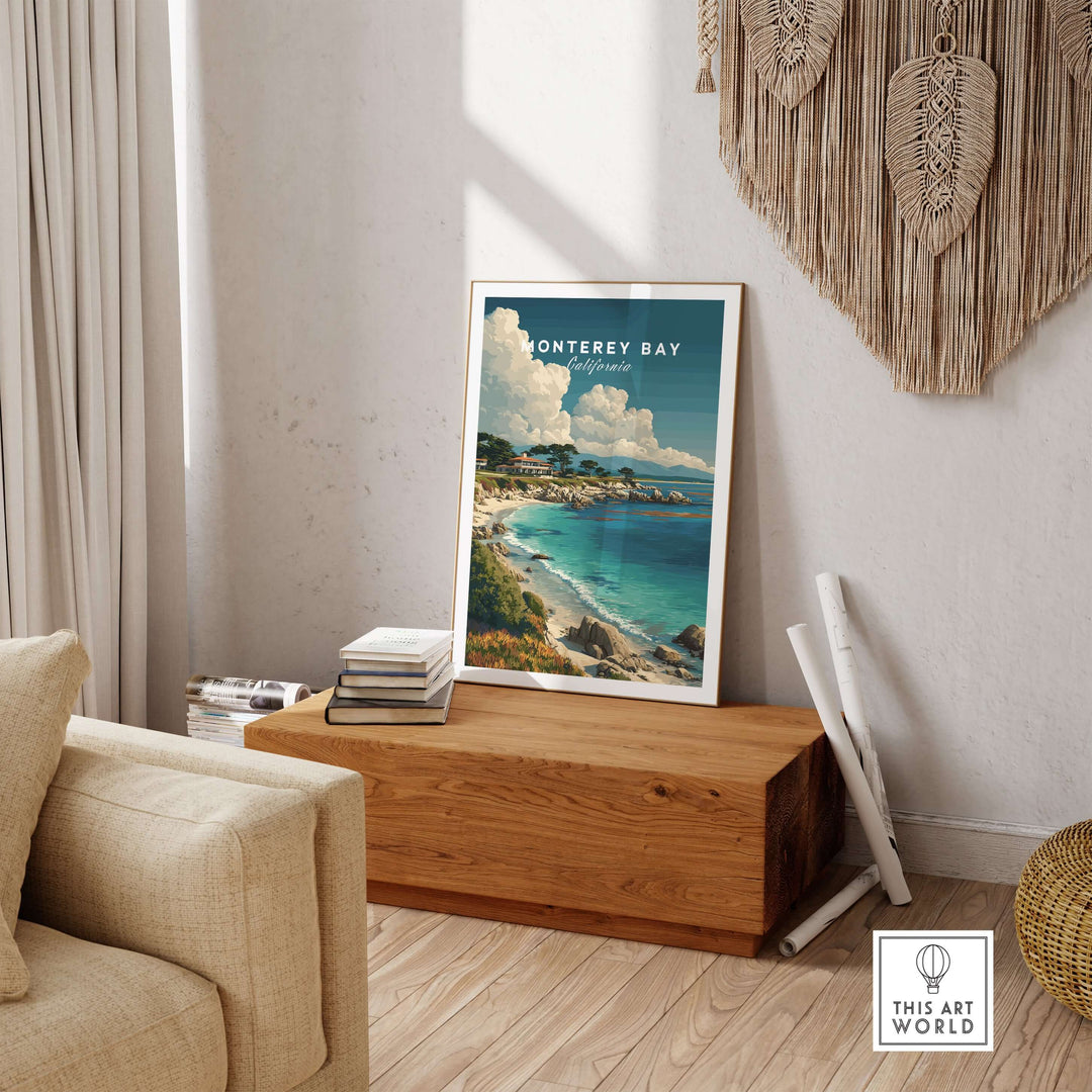 Monterey Bay California coastal beach print showcasing serene Pacific Ocean views in a stylish living room setting.