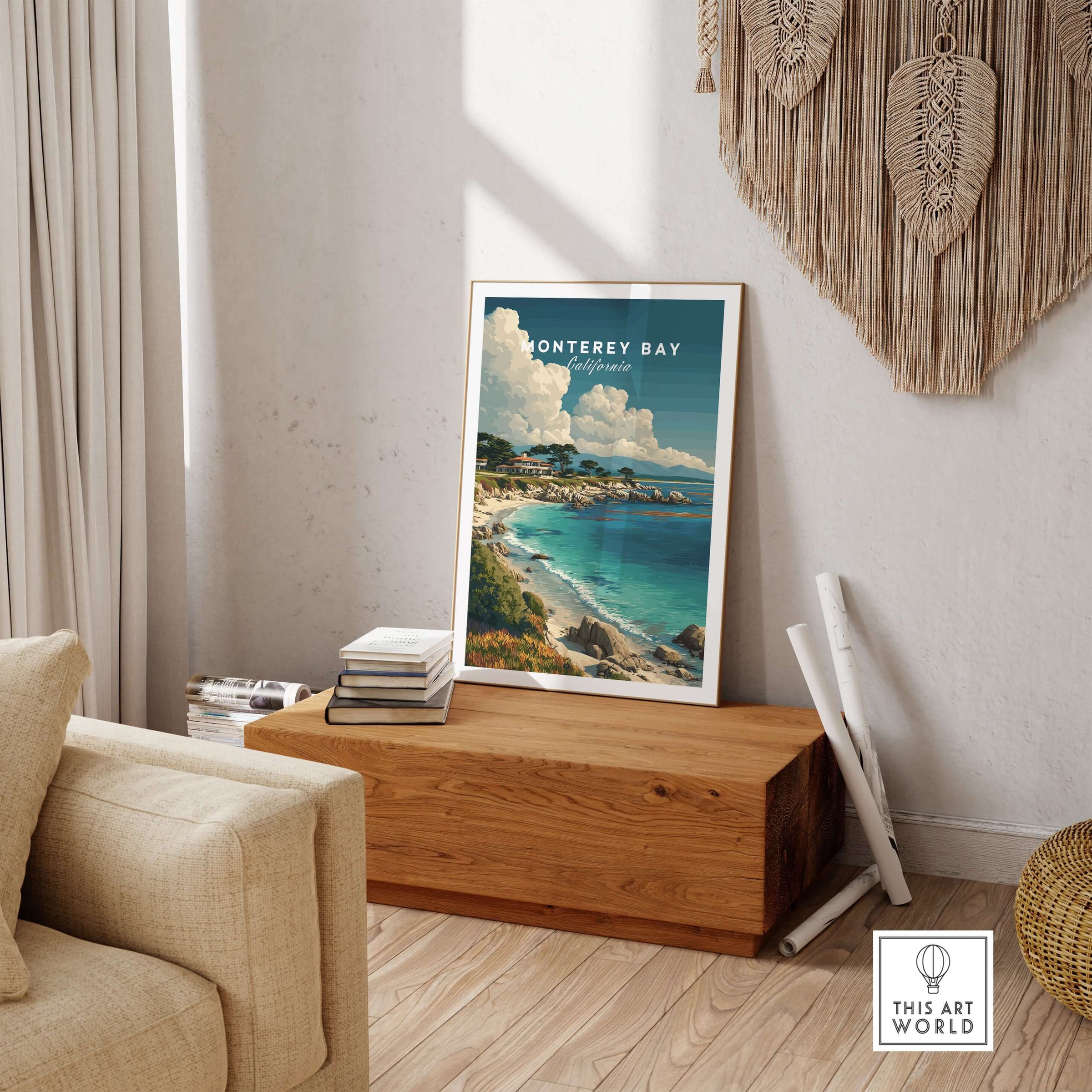 Monterey Bay California Coastal Beach Print - Pacific Ocean Wall Art displayed in a cozy living room setting.