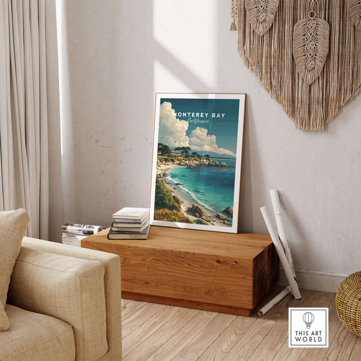 Monterey Bay California coastal beach print showcasing serene Pacific Ocean views in a stylish living room setting.