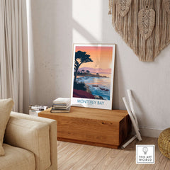 Monterey Bay California Sunset Coastline Poster - Cypress Tree Wall Art displayed in a cozy living room setting.