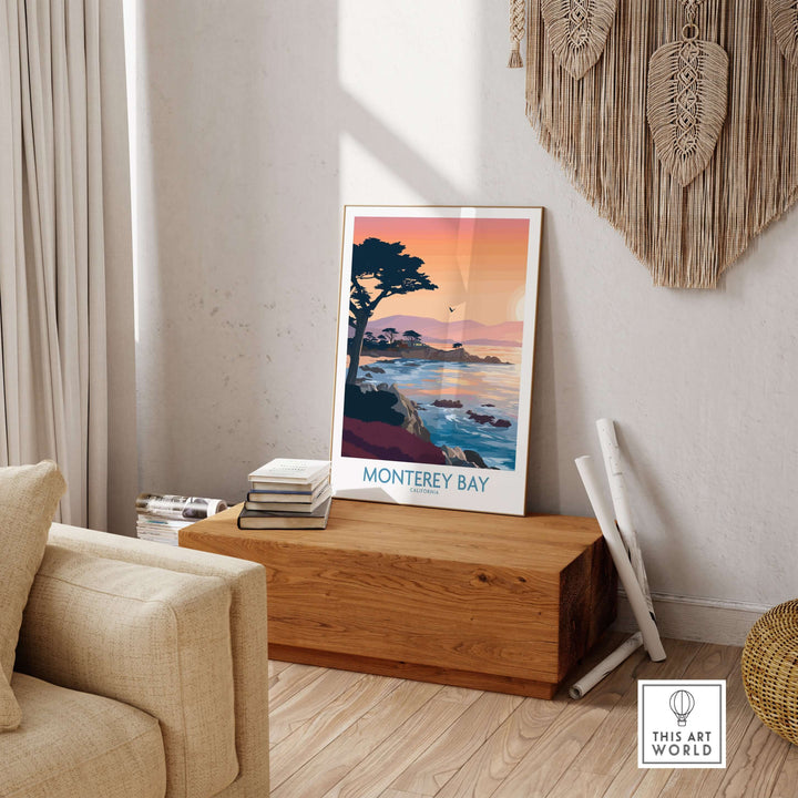 Monterey Bay California sunset poster featuring cypress trees, displayed in a cozy living room setting.