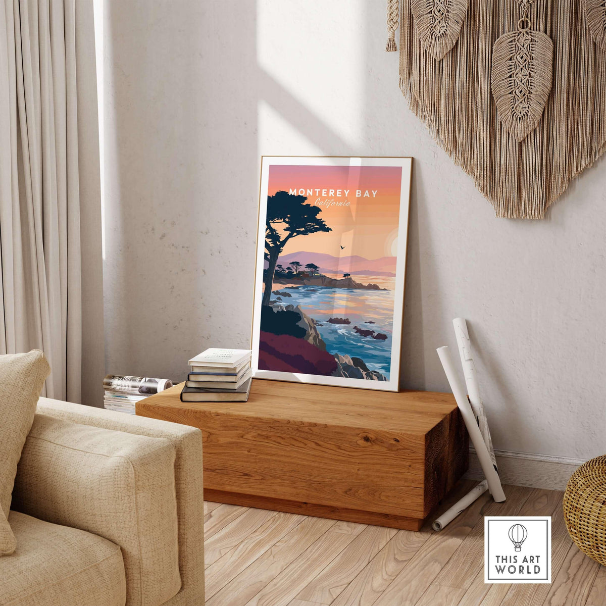 Monterey Bay California Sunset Coastline Poster - Cypress Tree Wall Art displayed in a modern living room with natural decor.