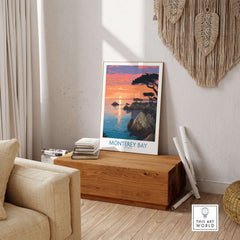 Monterey Bay Poster California Coastal Decor displayed in a stylish living room showcasing ocean views and serene colors.