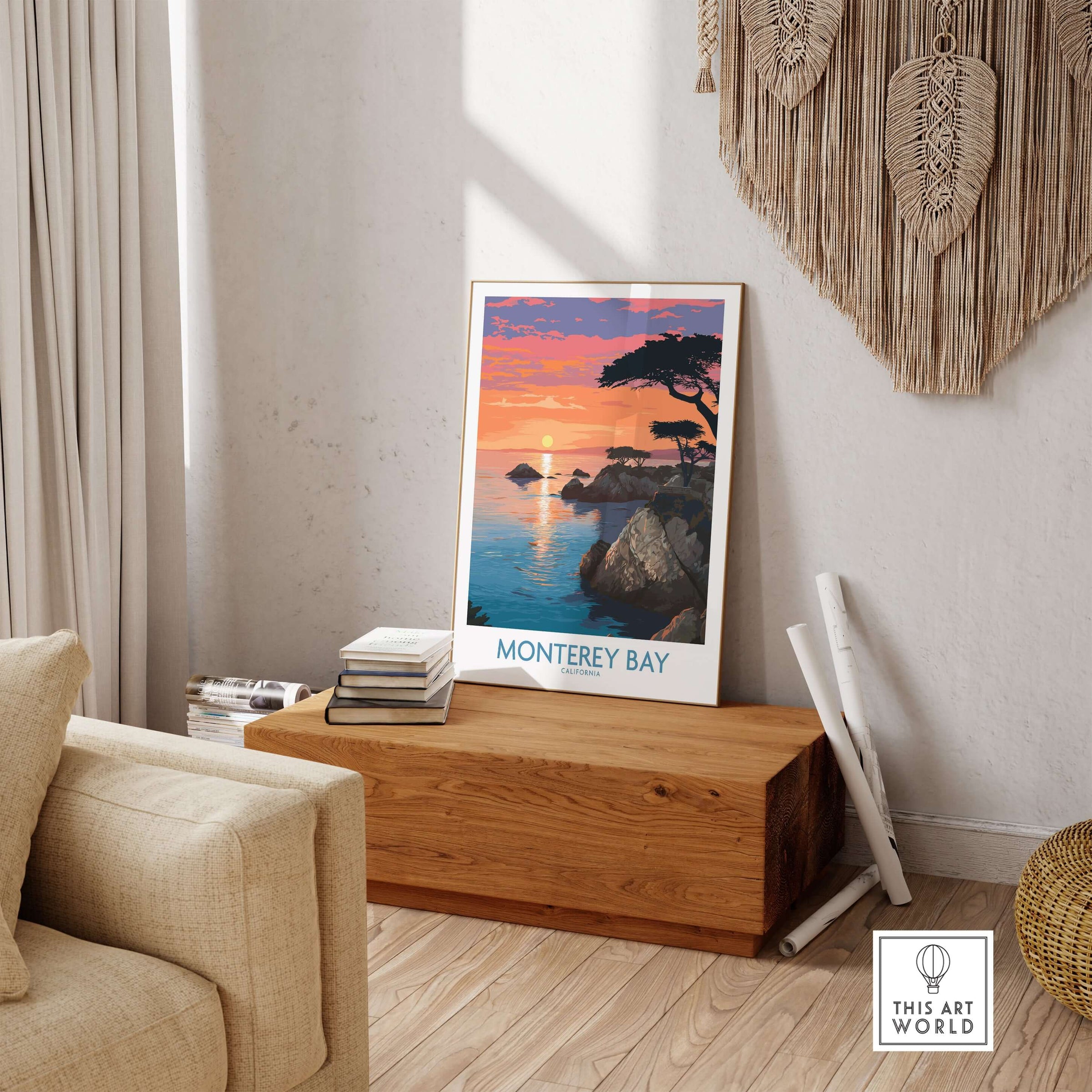 Monterey Bay Poster California Coastal Decor displayed in a stylish living room showcasing ocean views and serene colors.