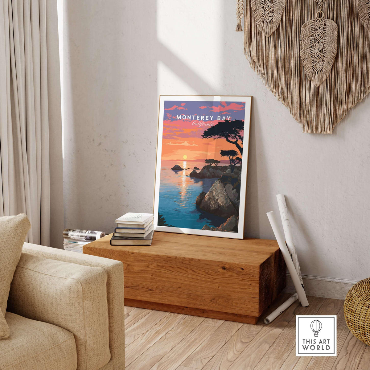 Monterey Bay Print California - Pacific Grove Wall Art displayed in a cozy living room with sunset hues.