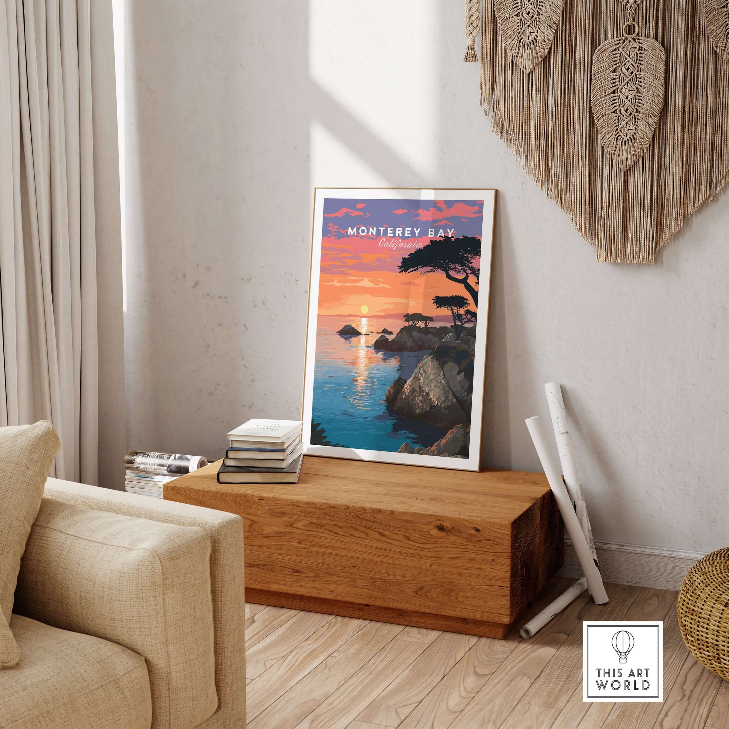 Monterey Bay Print California - Pacific Grove Wall Art displayed in a cozy living room with sunset hues.