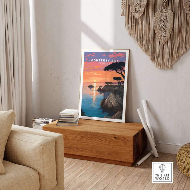 Monterey Bay print featuring sunset over California coastline, perfect wall art for nature lovers in Pacific Grove.