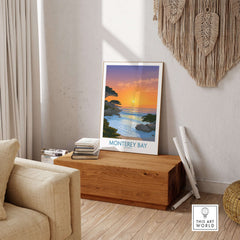 Monterey Bay California Poster - California Beach Print displayed in a modern living room with coastal decor.