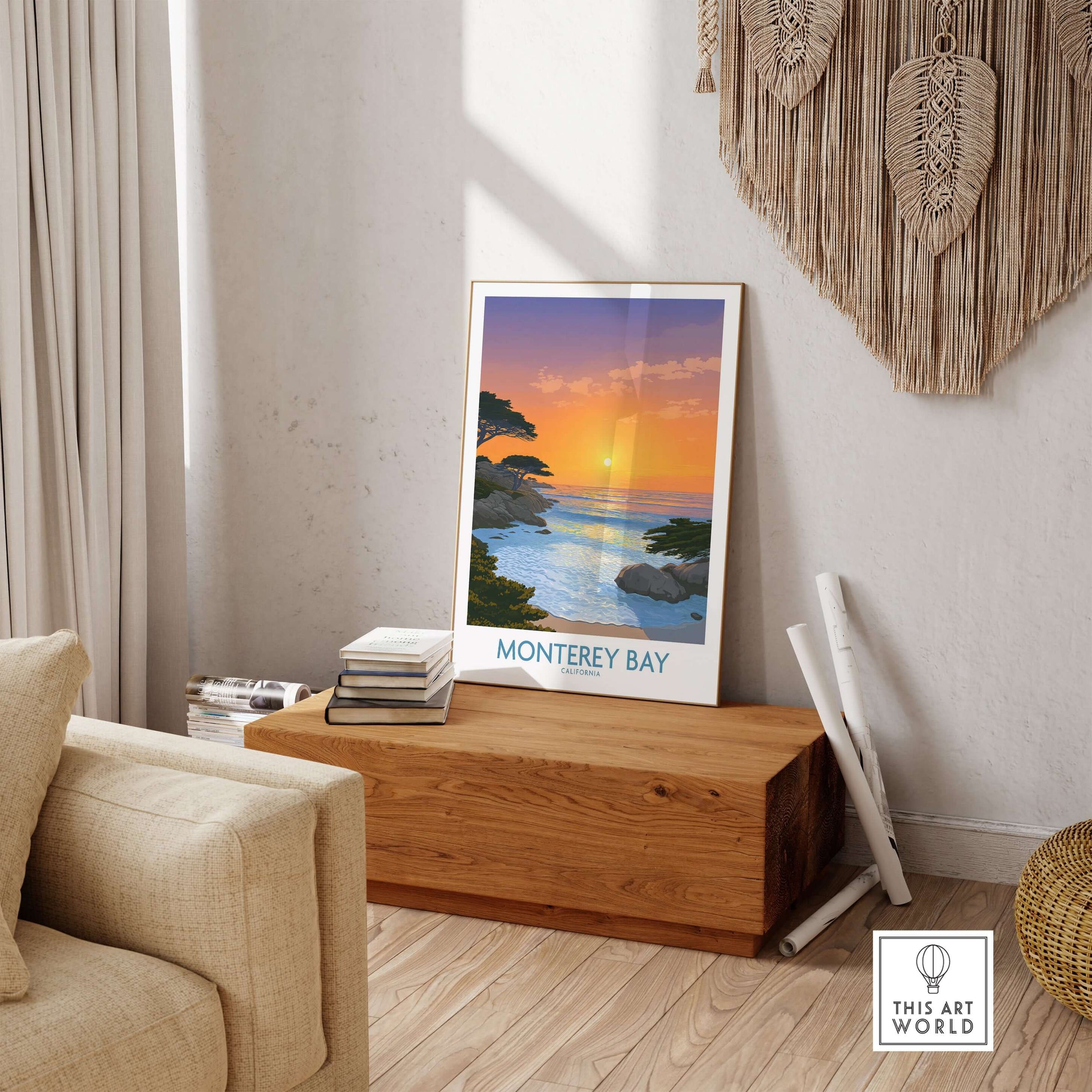 Monterey Bay California Poster - California Beach Print displayed in a modern living room with coastal decor.