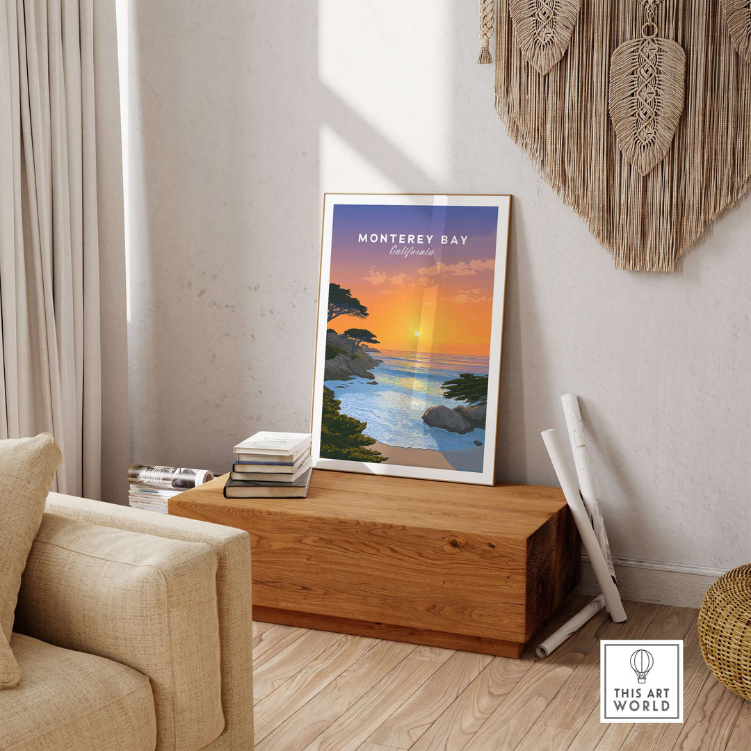 Monterey Bay California sunset print displayed in a cozy living room, adding warmth and tranquility to decor.
