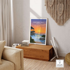 Monterey Bay California Print - Stunning Sunset Wall Art showcasing vibrant coastal sunset in a cozy living room.