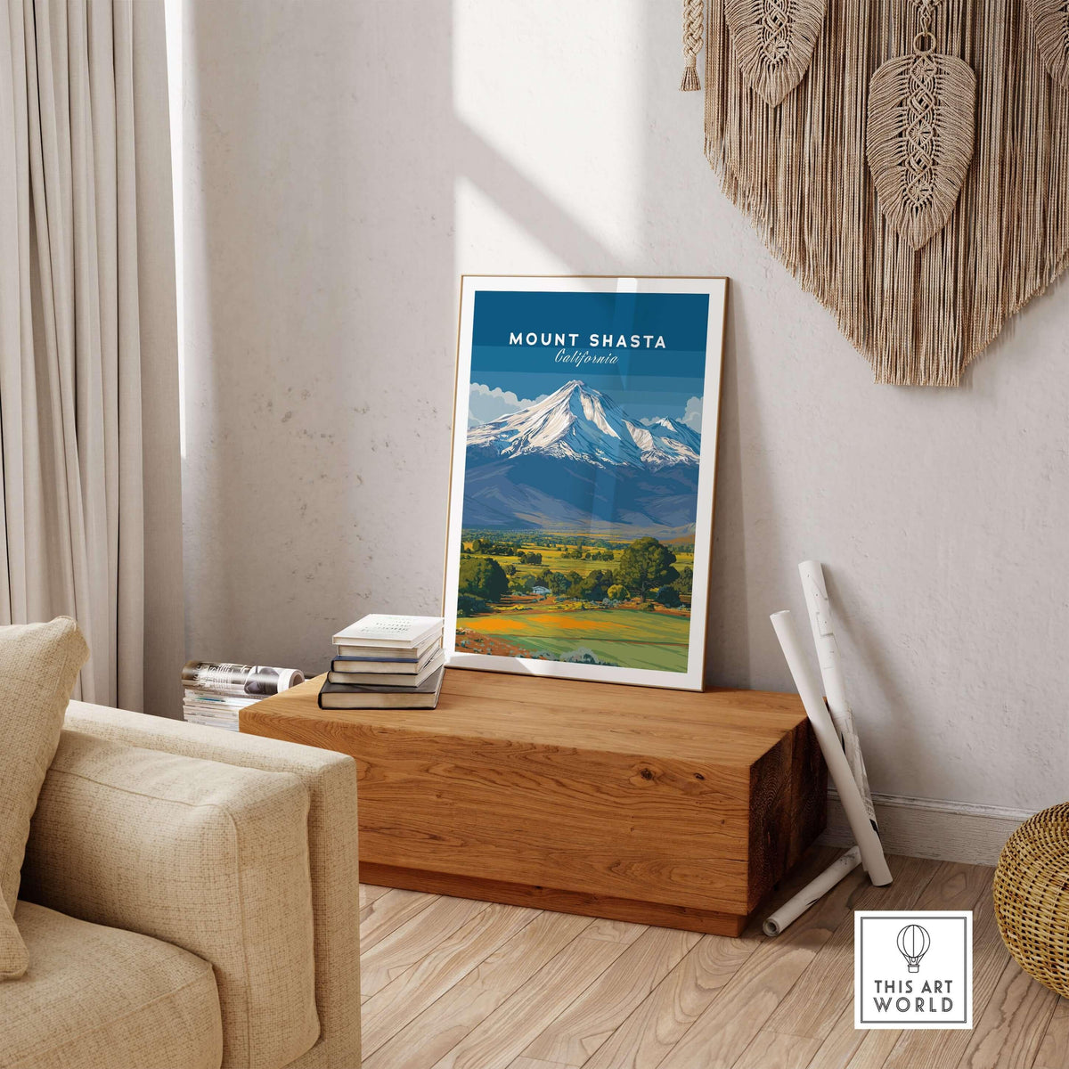 Mount Shasta California Print - Northern California Wall Art displayed in a cozy living room setting.