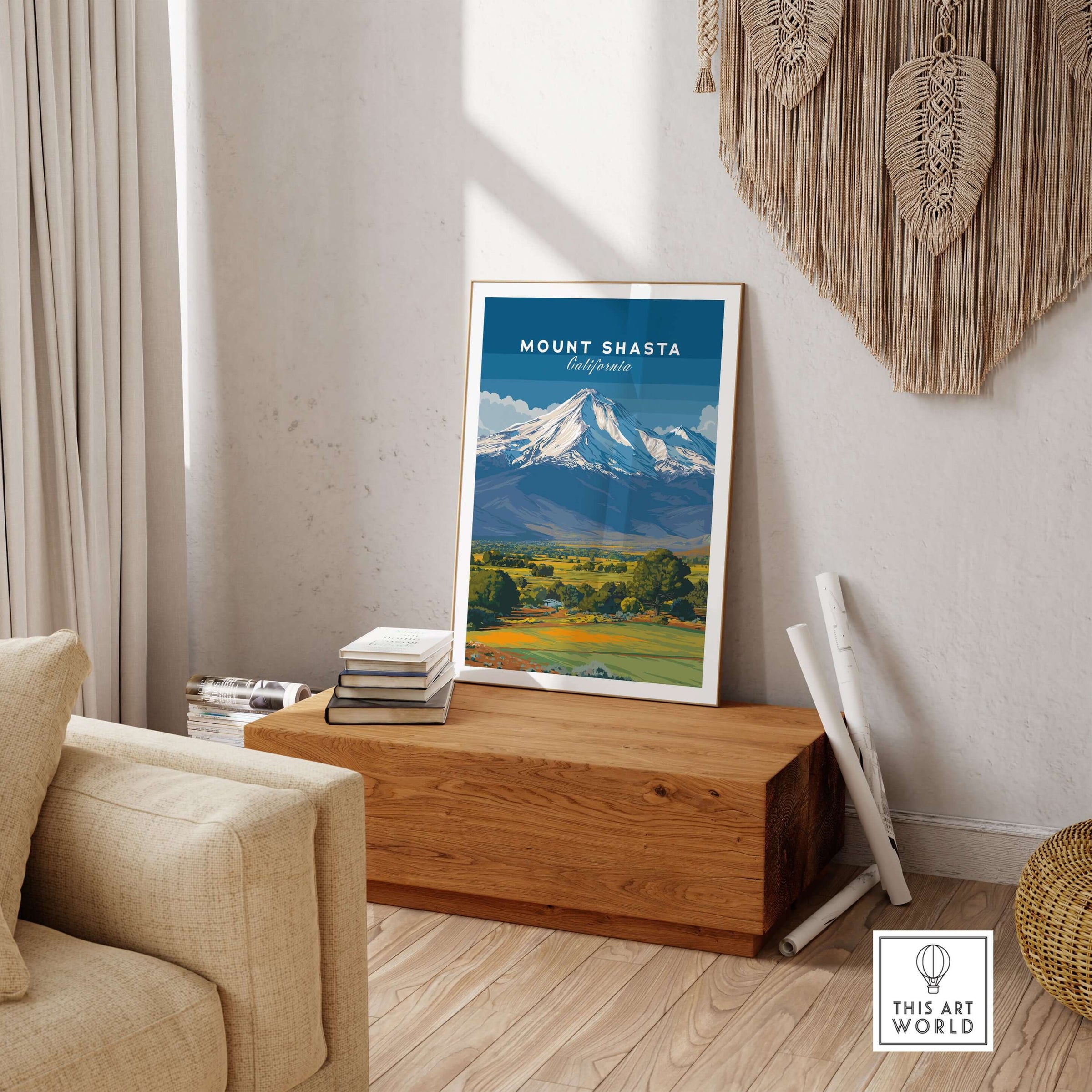 Mount Shasta California Print - Northern California Wall Art displayed in a cozy living room setting.