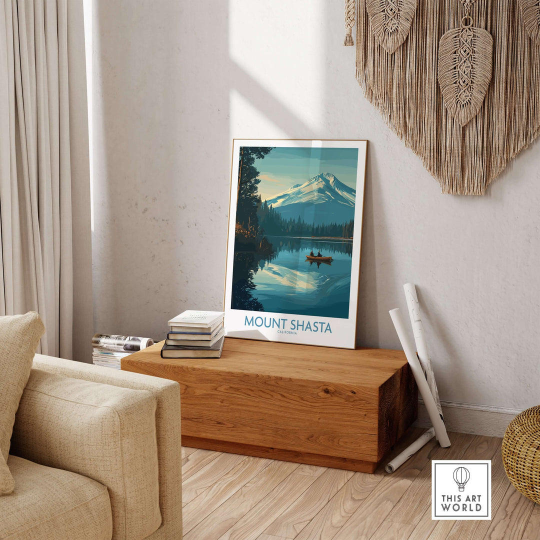 Mount Shasta poster displayed in a home setting, featuring serene lake and majestic mountain landscape.