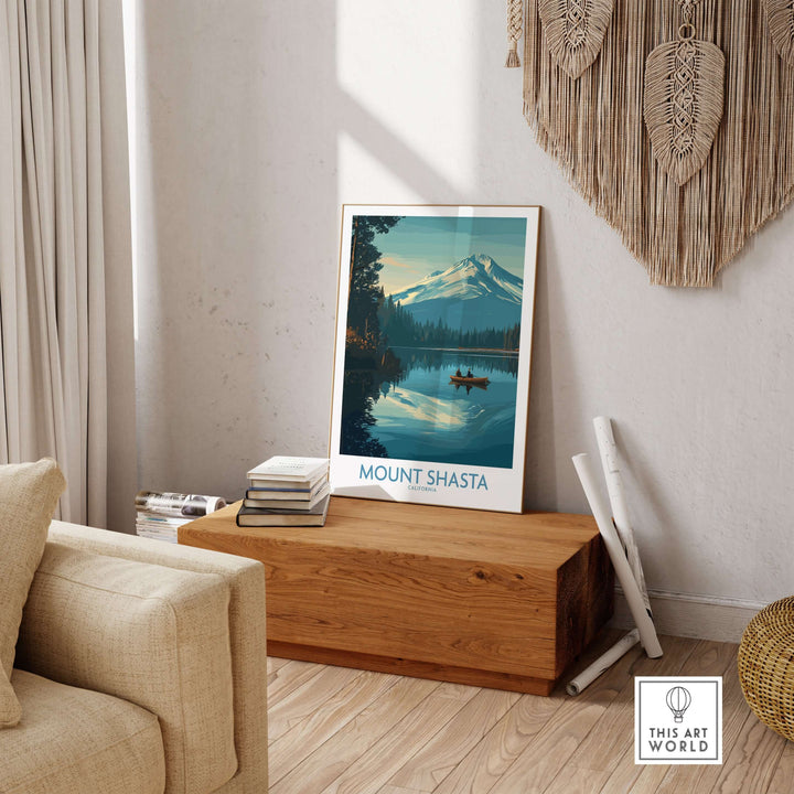 Mount Shasta poster displayed in a home setting, featuring serene lake and majestic mountain landscape.