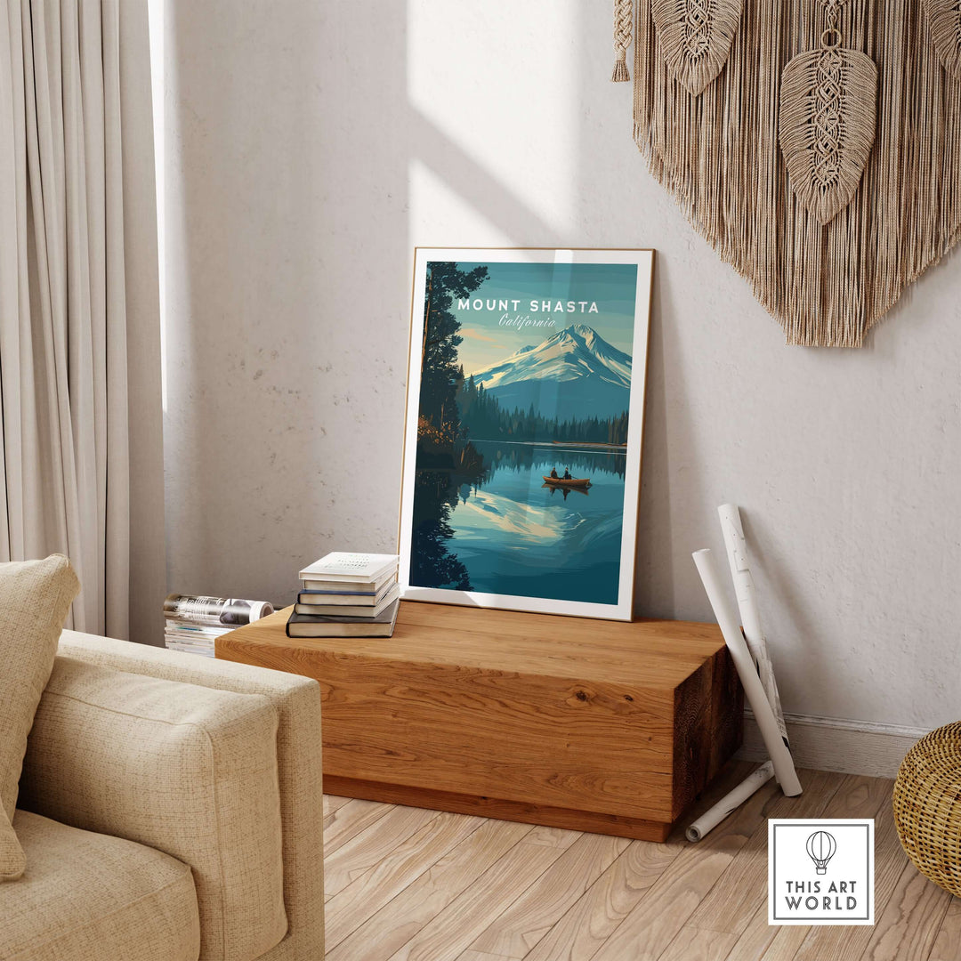 Mount Shasta California print featuring serene landscapes in a cozy room decor, perfect for natural elegance.