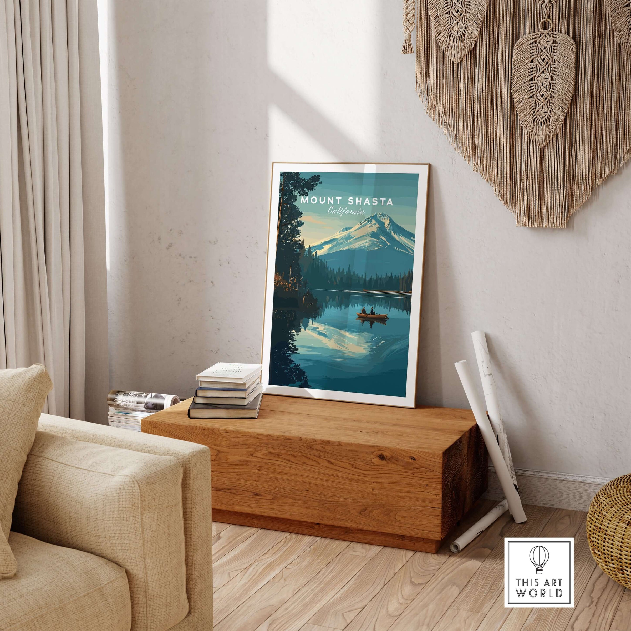 Mount Shasta California Print - Peaceful Mountain Wall Art displayed in a stylish interior with serene landscapes.