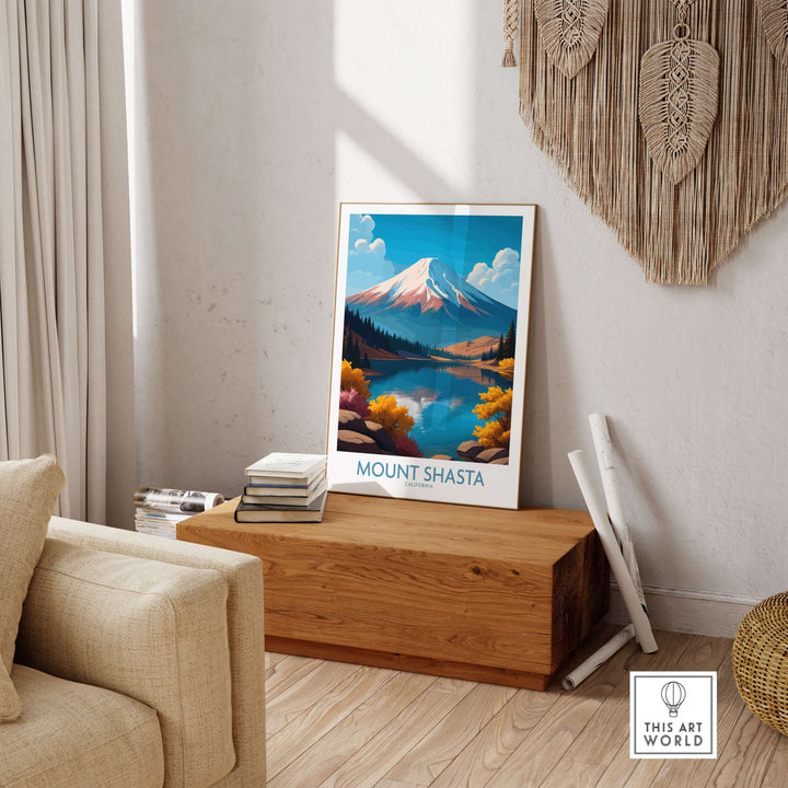 Mount Shasta wall art displayed in a cozy living room, showcasing vibrant colors and natural beauty.