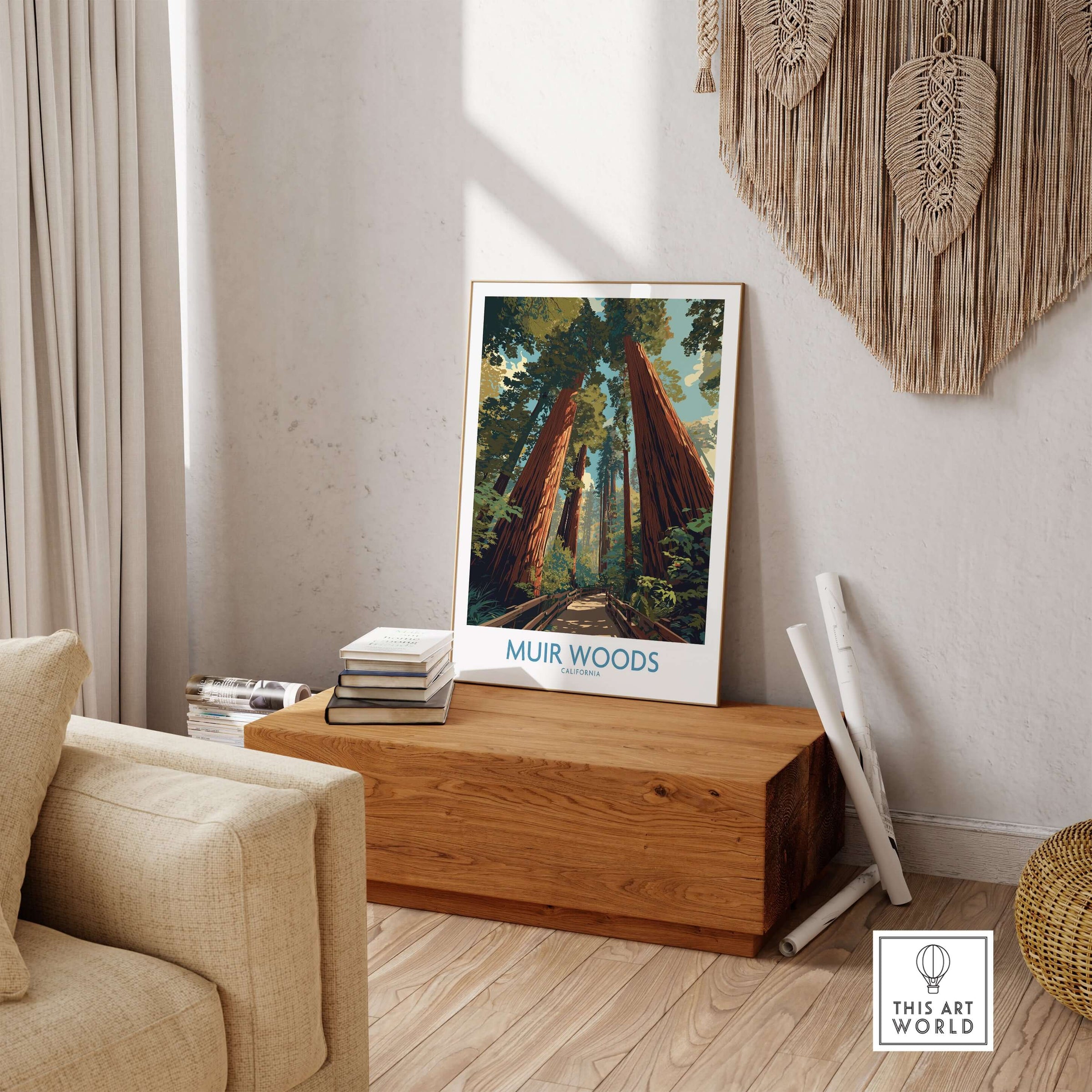 Muir Woods California National Monument Poster - California Nature Print displayed in a cozy living room with wooden decor.
