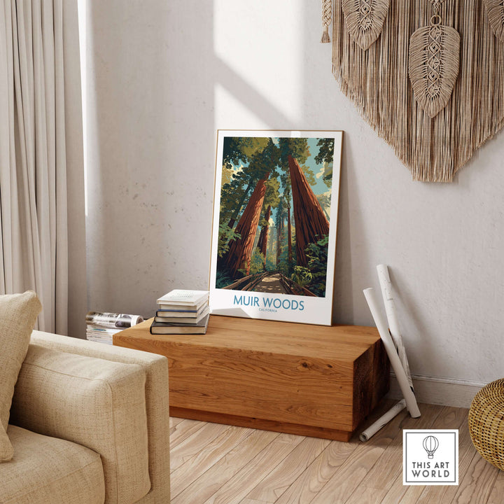 Muir Woods National Monument poster in a cozy living room, showcasing towering redwoods and serene forest landscapes.