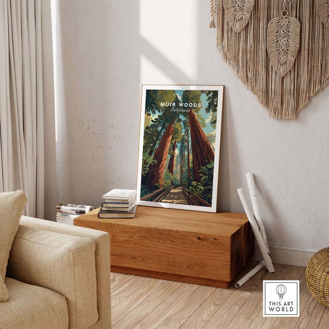 Muir Woods California Redwood Forest trail print displayed in a cozy living room with natural decor.