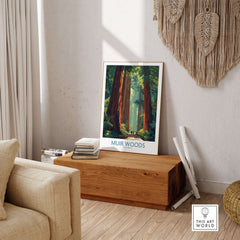 Muir Woods Print California - California National Park Wall Art displayed in a stylish home interior with redwood trees.