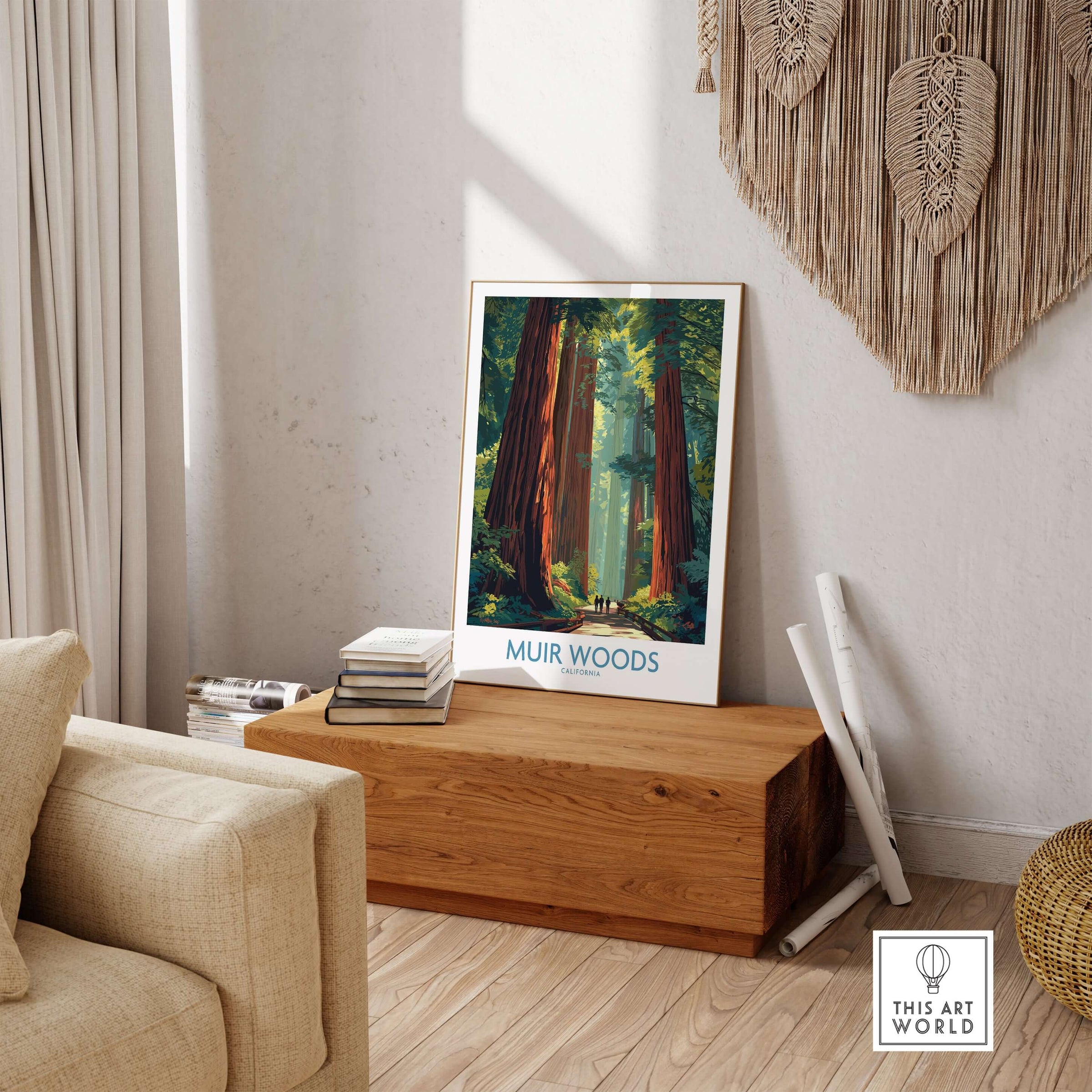 Muir Woods Print California - California National Park Wall Art displayed in a stylish home interior with redwood trees.