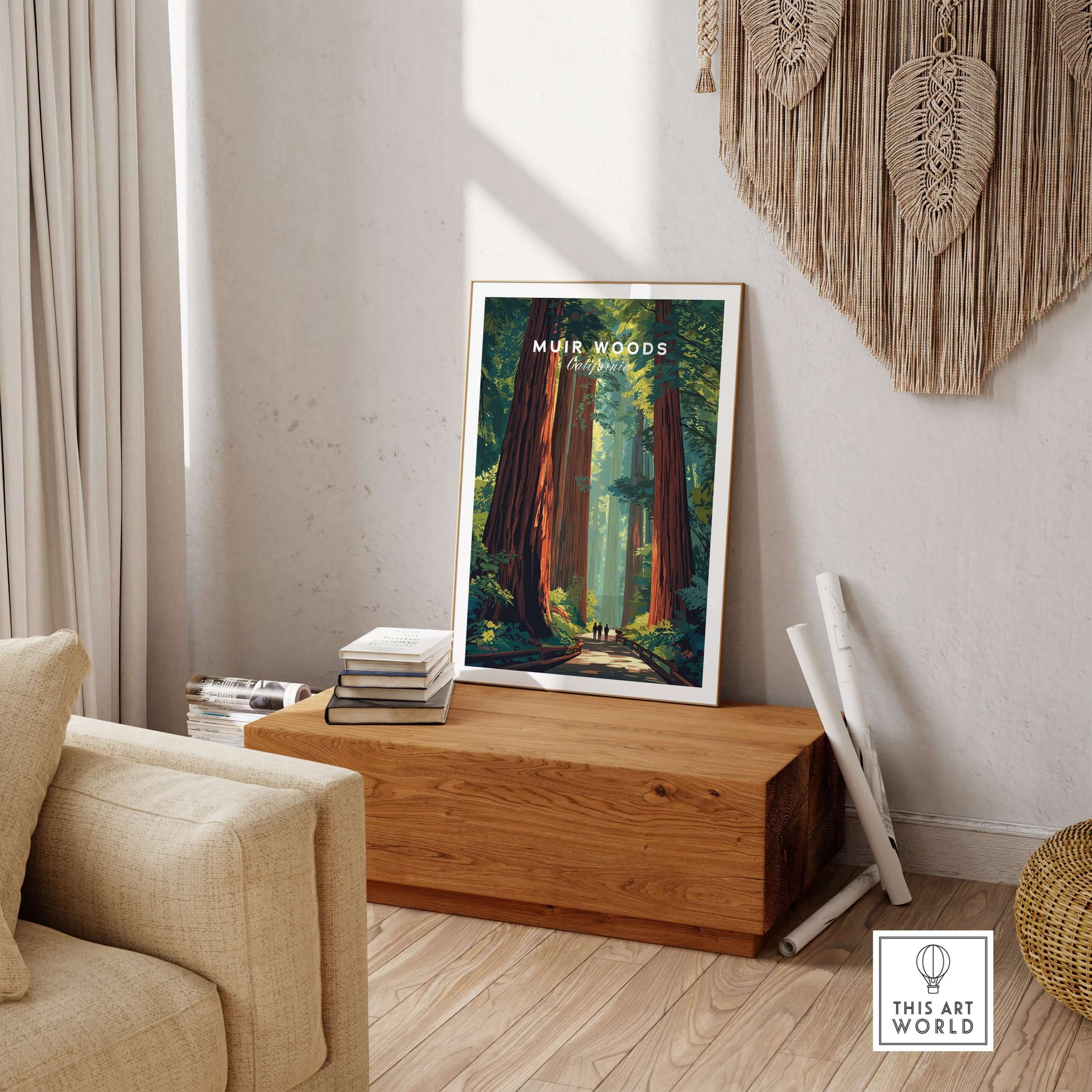 Muir Woods Poster California - Redwood Wall Art displayed in a cozy living room featuring ancient redwood trees.