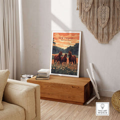 New Forest Print featuring two horses against a scenic background, perfect for nature lovers.