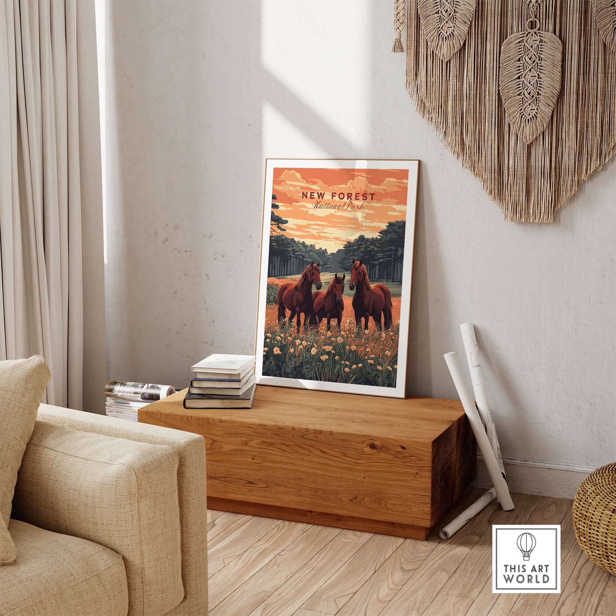 New Forest Print featuring two horses against a scenic background, perfect for nature lovers.