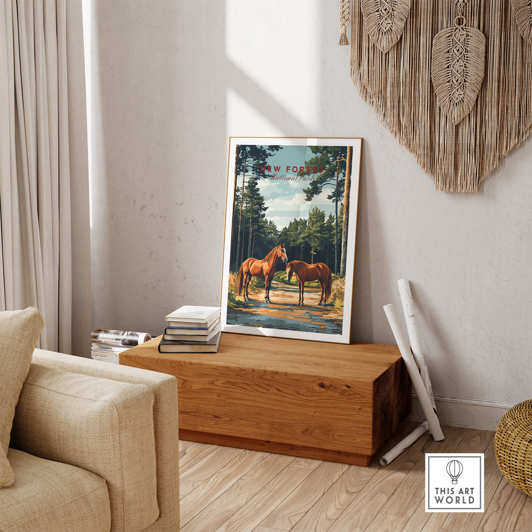 New Forest Print featuring horses in a scenic landscape, perfect for nature enthusiasts and adventurers. UK National Park poster.