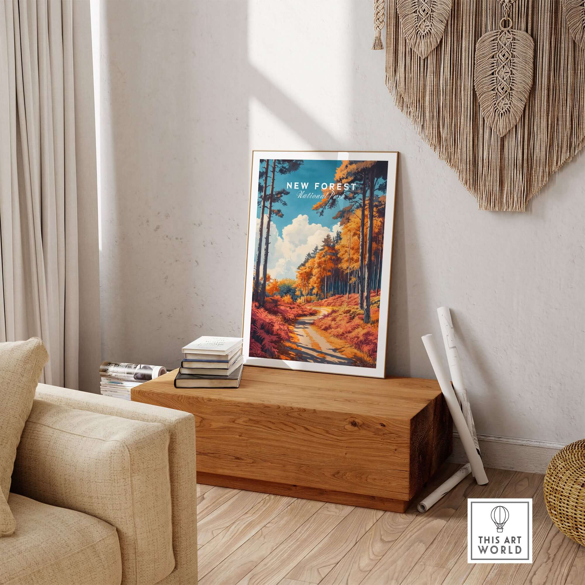 New Forest Travel Poster England displayed in a cozy living room, showcasing vibrant autumnal landscape art.
