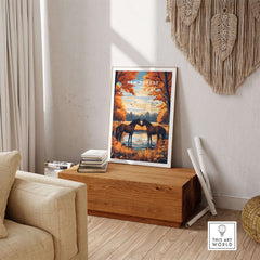New Forest Wall Art Print featuring serene horses in a tranquil forest setting, perfect for home decor.