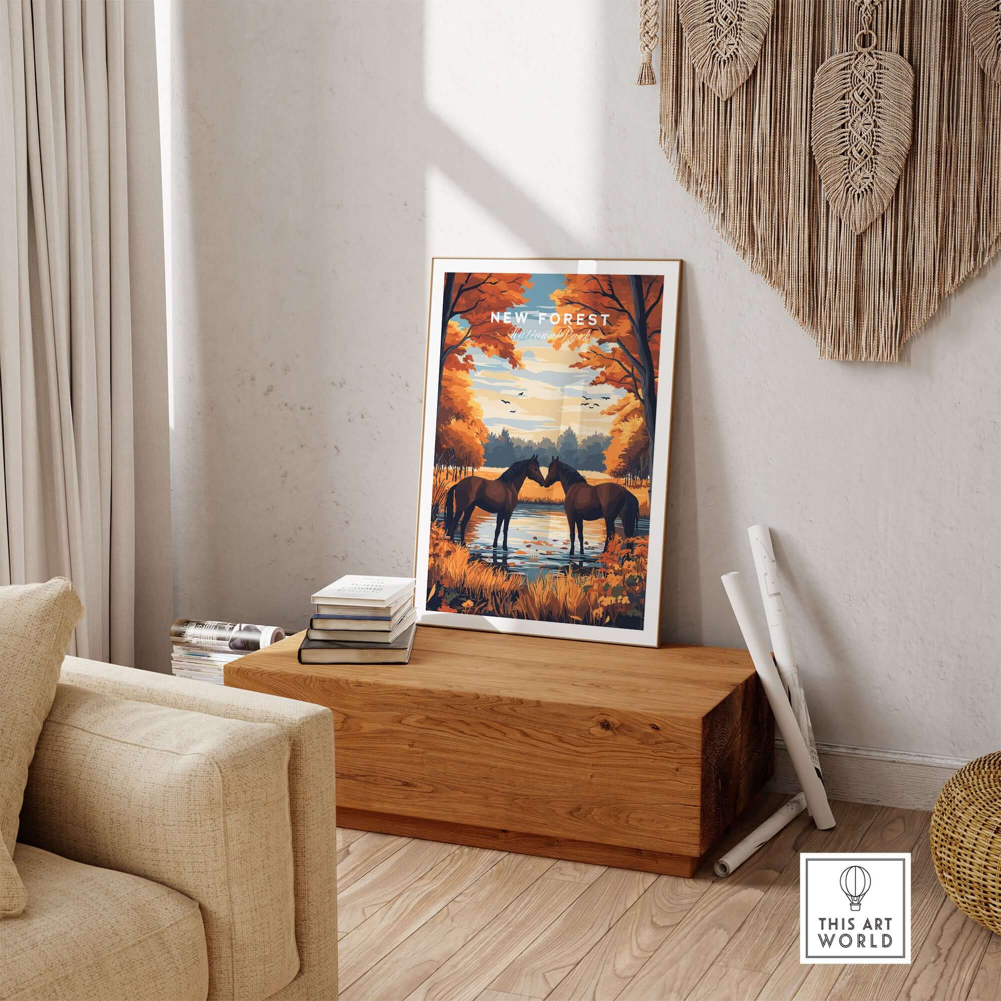 New Forest Wall Art Print featuring serene horses in a tranquil forest setting, perfect for home decor.