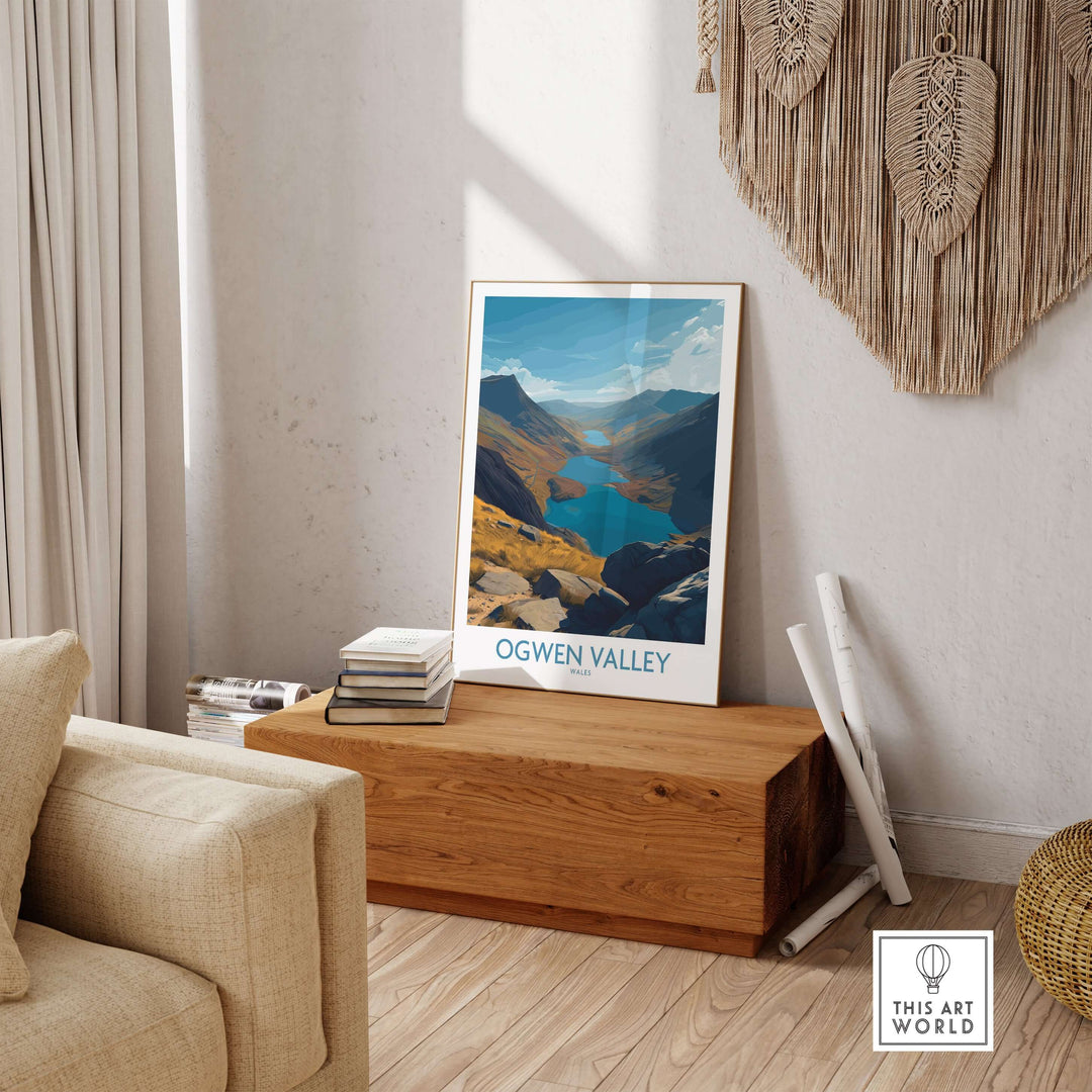 Ogwen Valley poster showcasing blue lakes and peaks in a stylish living room decor setting.