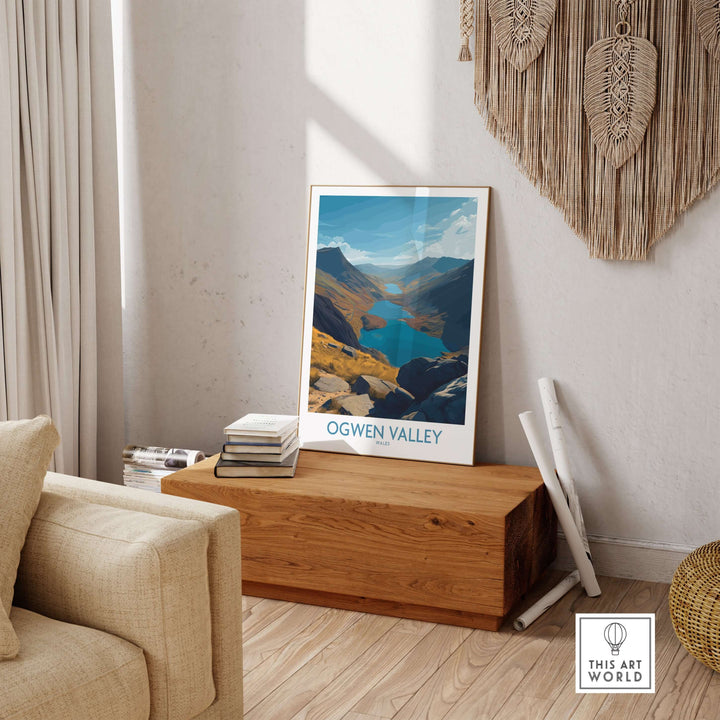 Ogwen Valley poster showcasing blue lakes and peaks in a stylish living room decor setting.