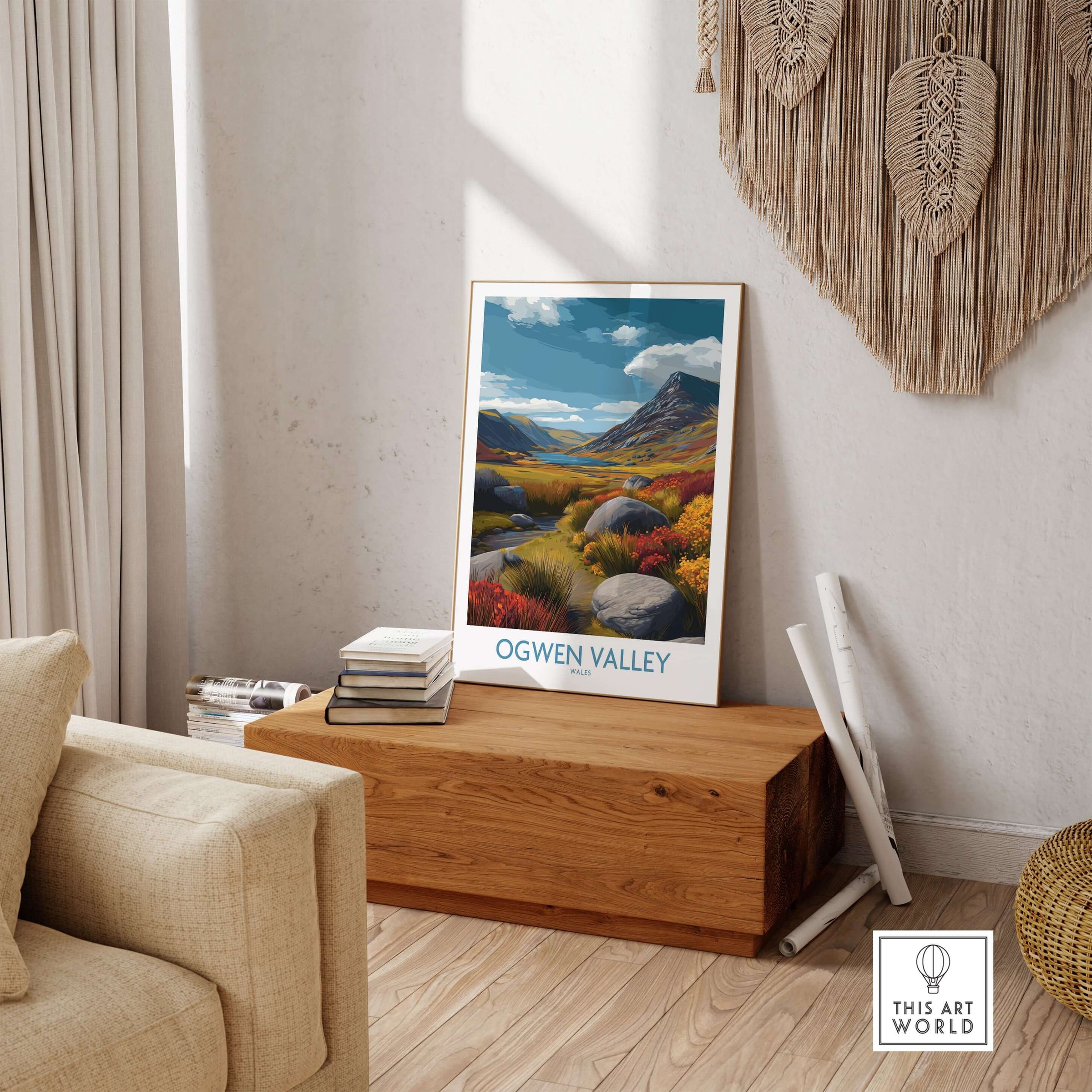 Ogwen Valley Wall Art Wales Rocky Valley - Welsh Nature Travel Decor displayed in a cozy living room setting.