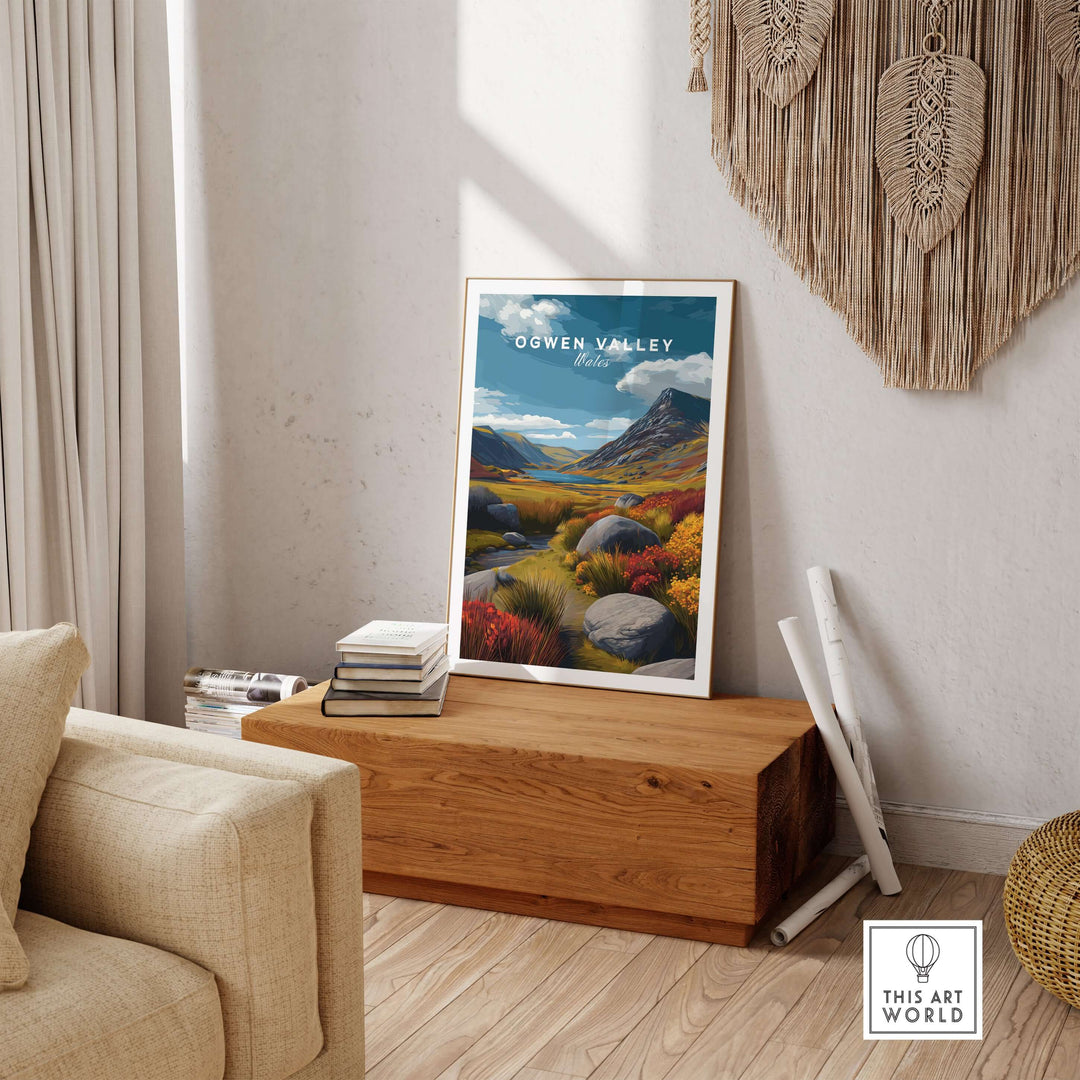 Ogwen Valley Wales print featuring vibrant stream and mountainside in a cozy living room setting.