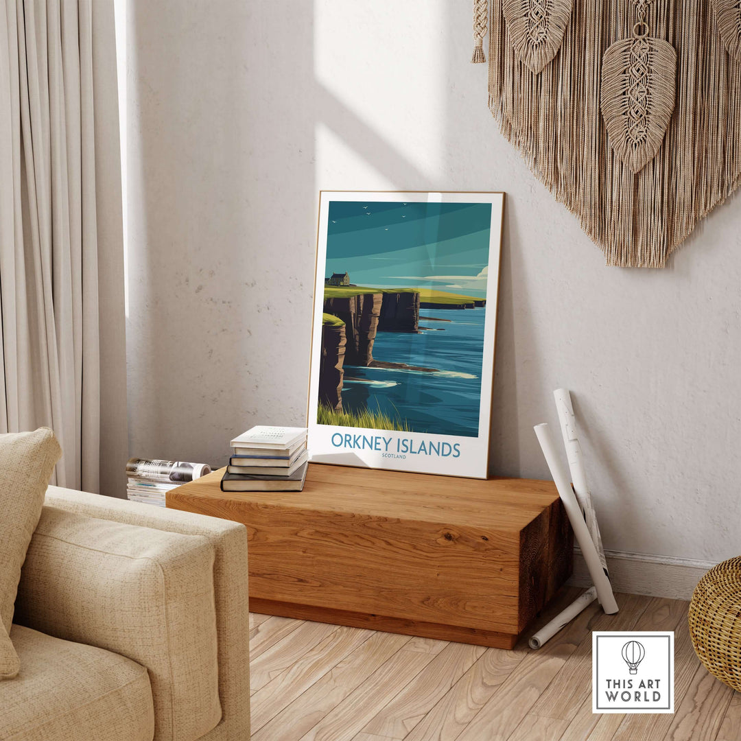 Orkney Islands wall art in a cozy interior, showcasing Scotland's natural beauty and travel inspiration.