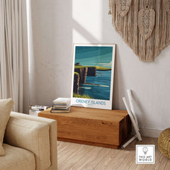 Orkney Islands Scotland Wall Art - Scottish Travel Decor displayed in a cozy living space with wooden furniture.