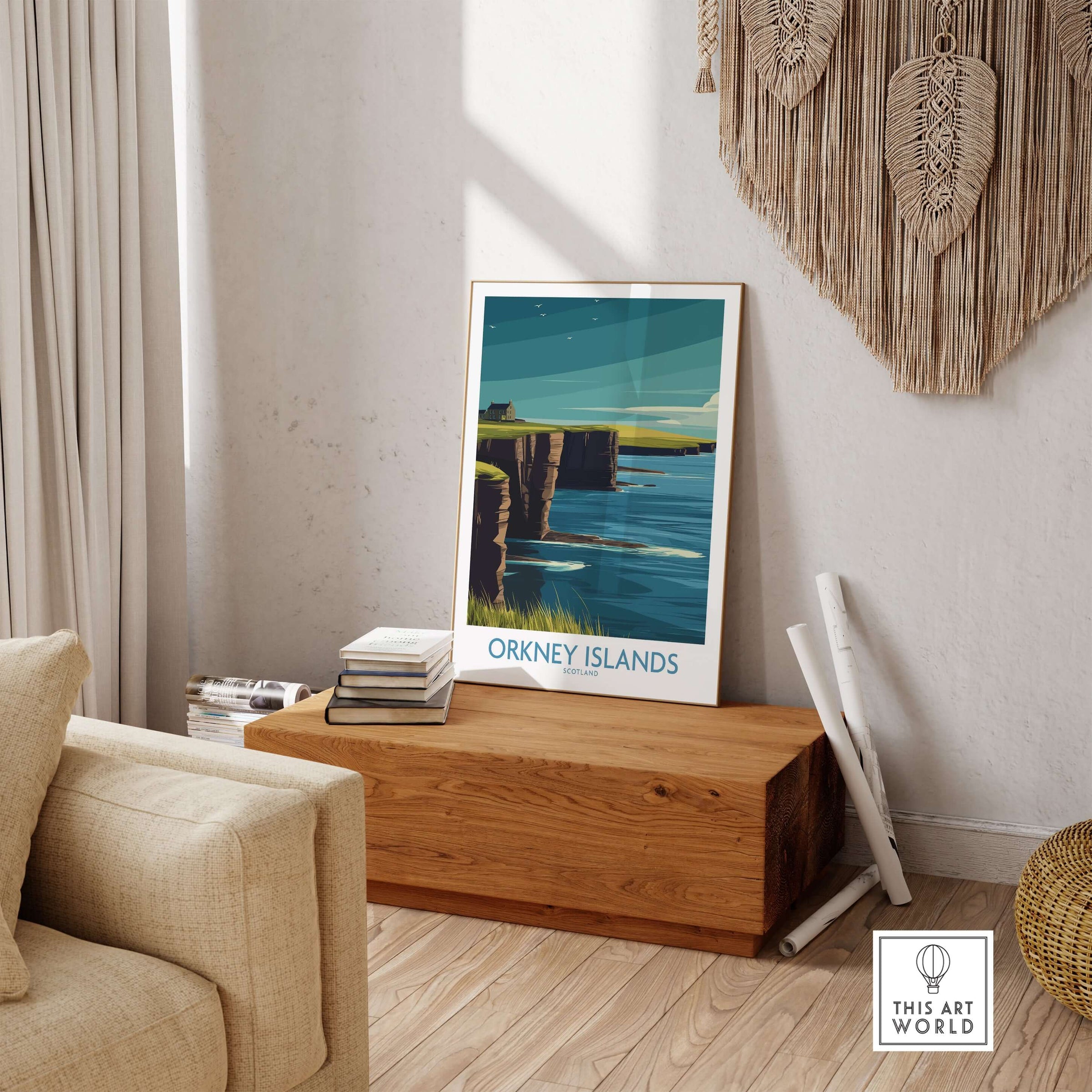 Orkney Islands Scotland Wall Art - Scottish Travel Decor displayed in a cozy living space with wooden furniture.
