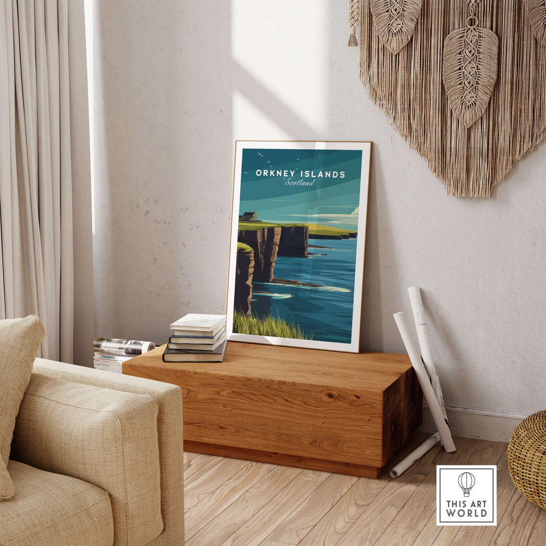 Orkney Islands Sea Cliffs Print showcasing Scotland's rugged coast in a modern home setting.