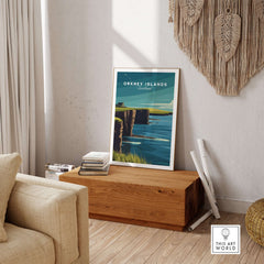 Orkney Islands Sea Cliffs Print - Dramatic Coastal Scotland Poster displayed in a cozy living room setting.