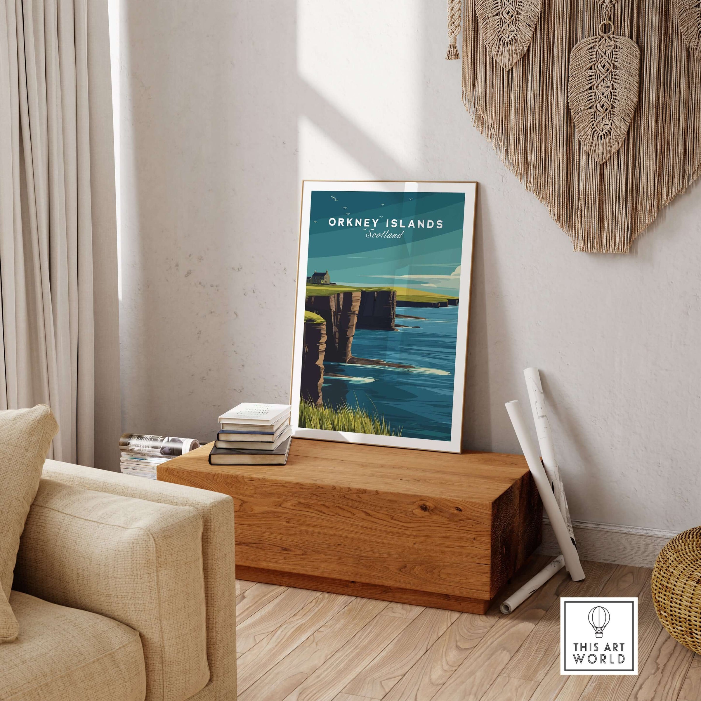 Orkney Islands Sea Cliffs Print - Dramatic Coastal Scotland Poster displayed in a cozy living room setting.