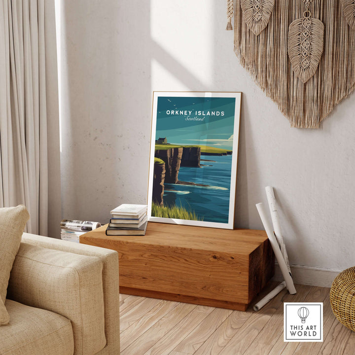 Orkney Islands Sea Cliffs Print showcasing Scotland's rugged coast in a modern home setting.