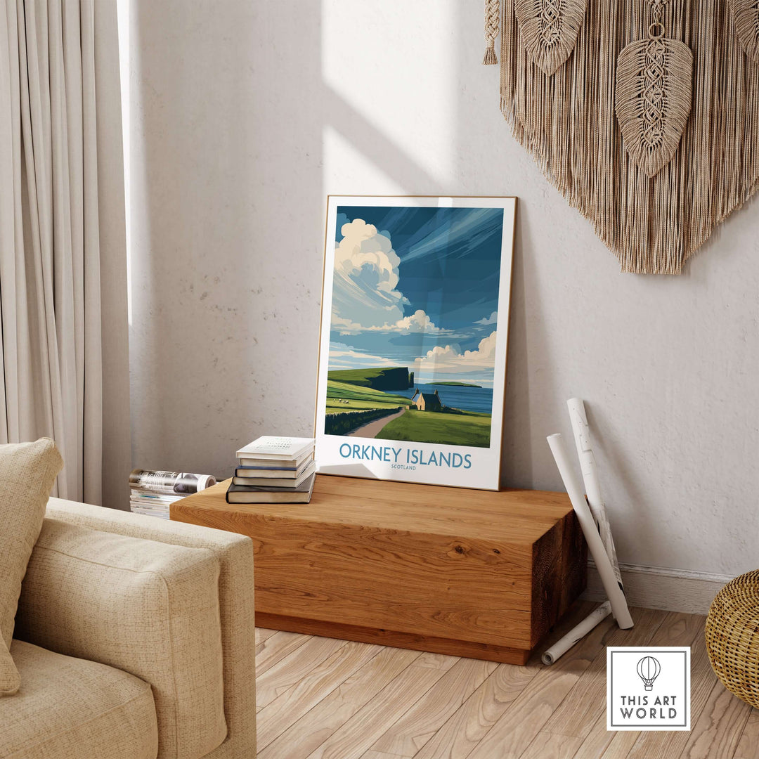 Orkney Islands wall art depicting Scotland's rugged landscape in a cozy interior setting.