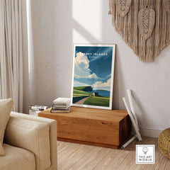 Orkney Islands Coastal Cottage Print - Green Hills Scotland Poster displayed in a stylish living room setting.