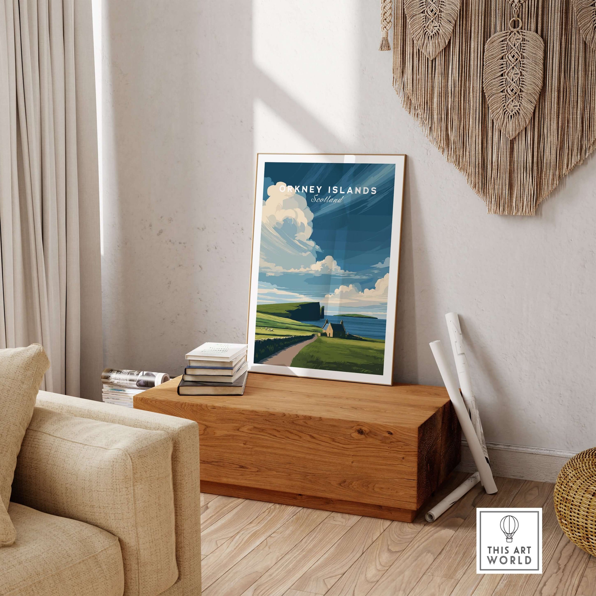 Orkney Islands Coastal Cottage Print - Green Hills Scotland Poster displayed in a stylish living room setting.